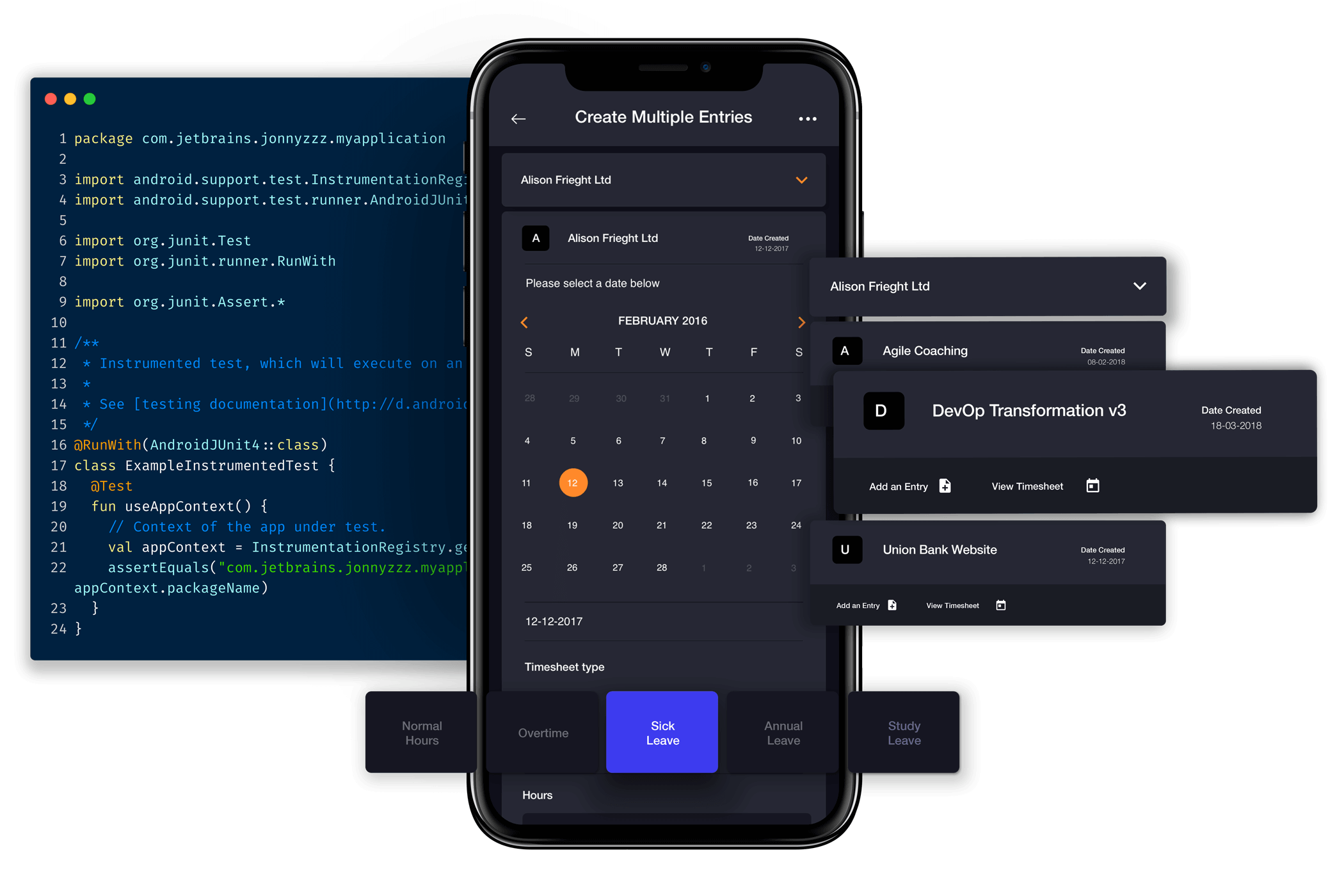 A mobile device with UI components and code snippet