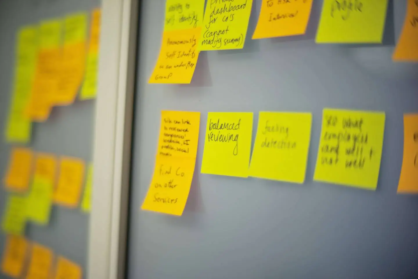 a whiteboard with sticky notes
